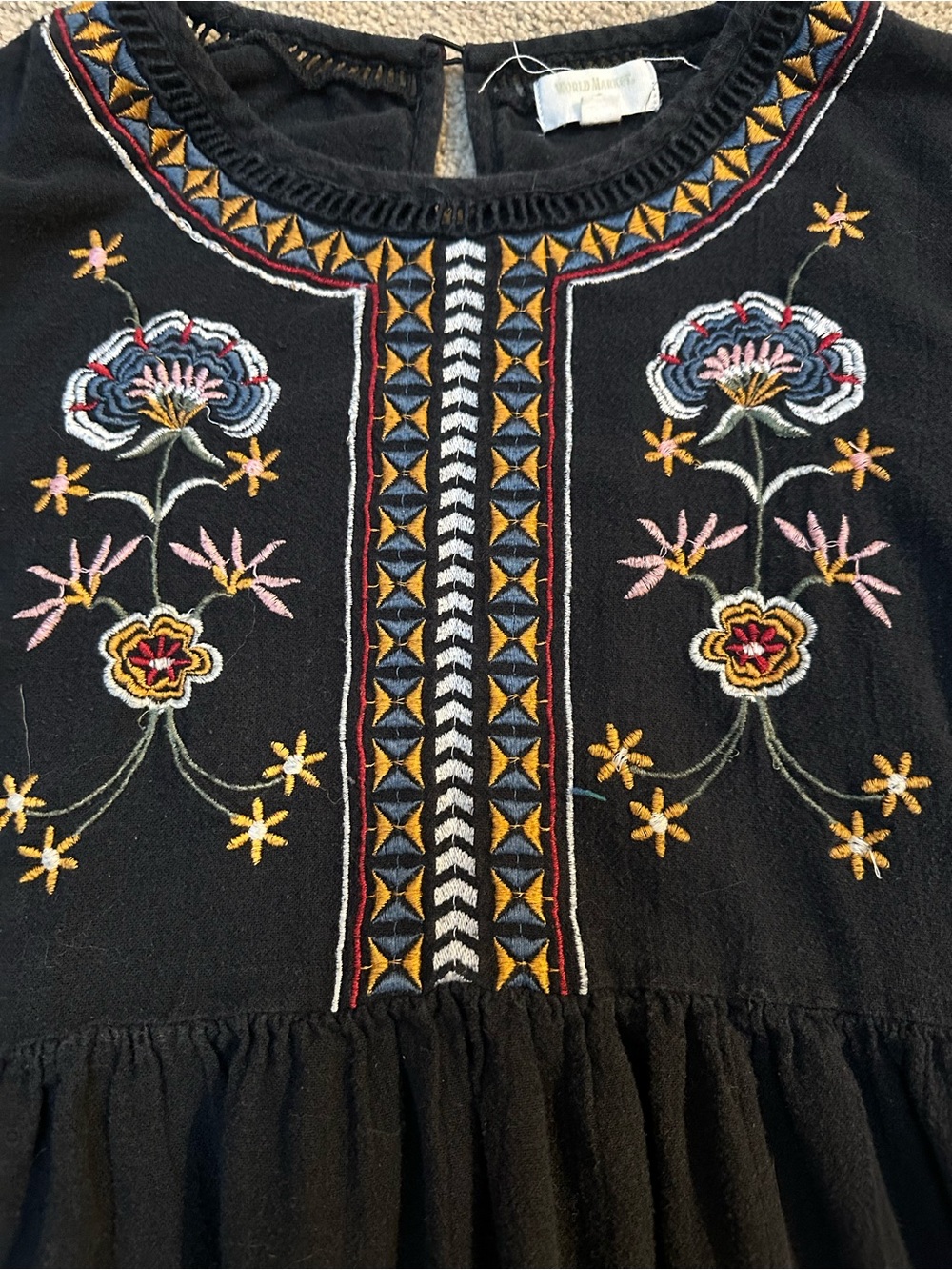 World Market 100% Cotton Boho Floral Embroidery Tunic Mini Dress Long Sleeve S/M - Picture 2 of 9